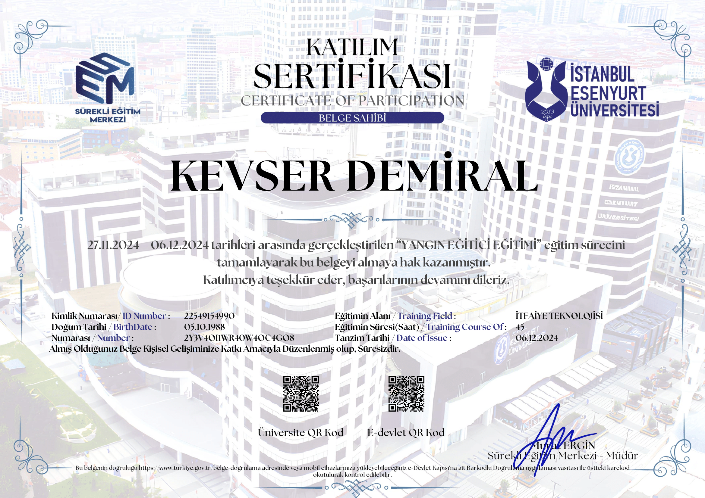 Yangın Eğitici Eğitimi Sertifikası